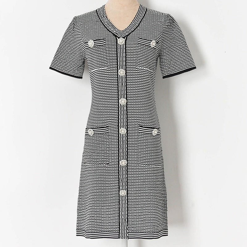 dresses Knitting Female V neck Short Sleeve Single Breasted Slim Straight Striped Dress Women 2021 Summer New Korean Clothes