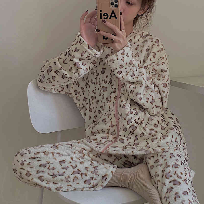 sleepwear Stylish Korean Hooded Nightwear Leopard High Quality Homewear Animal Printed Women All Match Loose Pajamas Sets