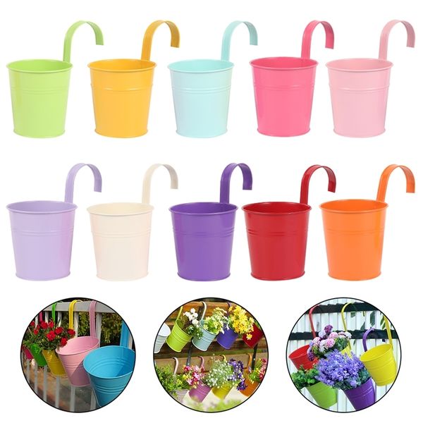 10PCS Metal Flower Hanging Pot Hook Wall Candy Color Iron Bucket Hanging Basket for Garden Balcony Decoration 210401