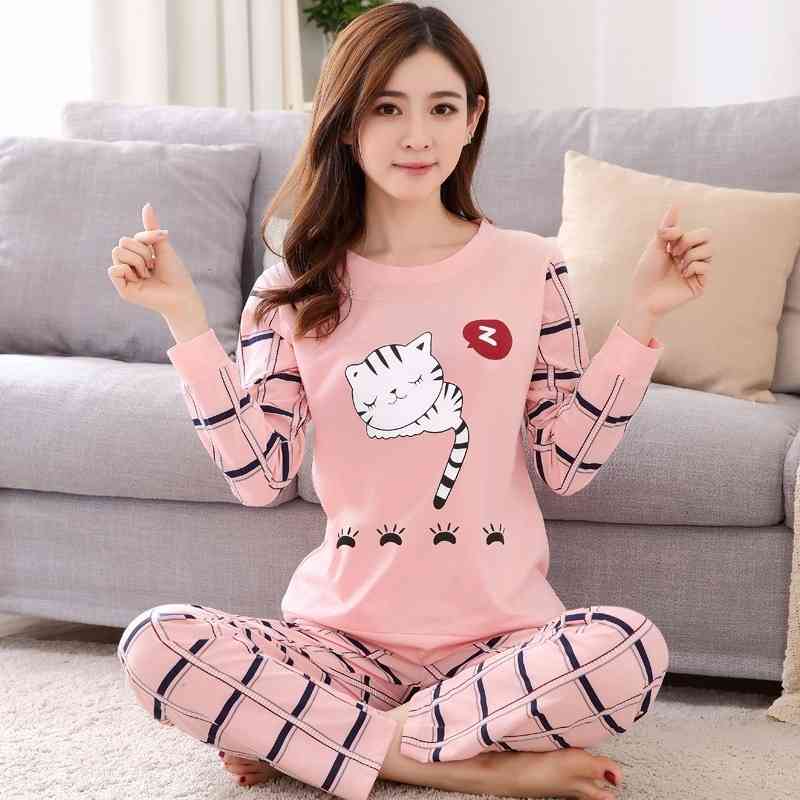 sleepwear Set Autumn Cute Cartoon Cater Print Pajamas Long Sleeve Two Piece Home Wear Women Casual O-Neck Pyjamas Pijamas