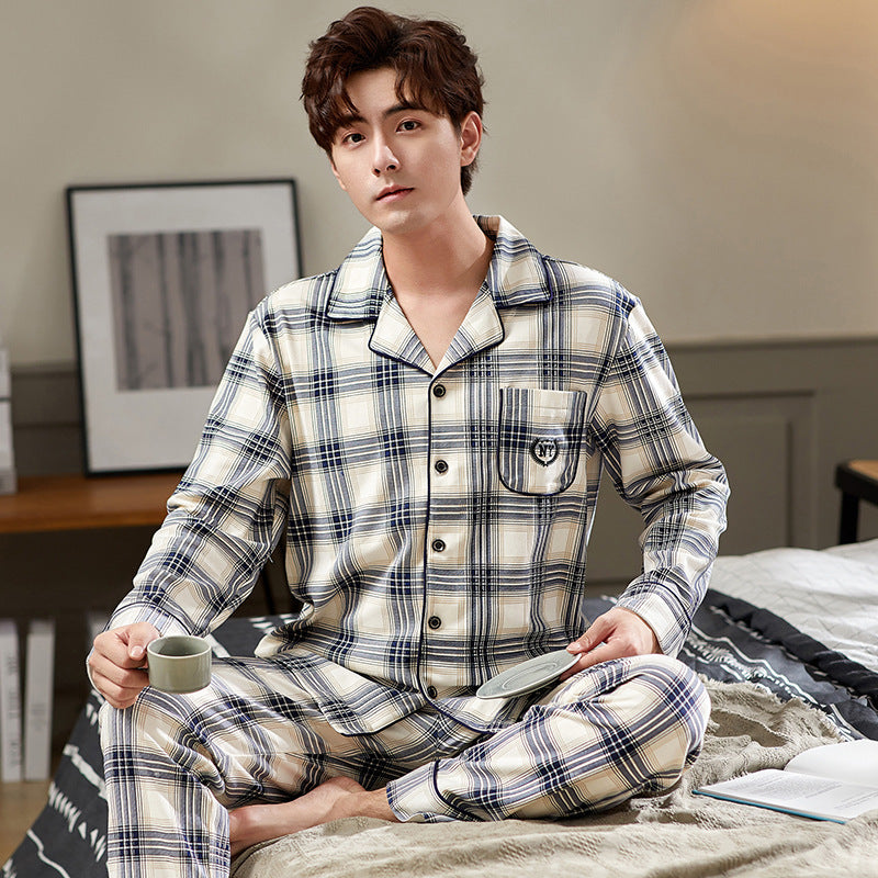 sleepwear Men Sets with Pocket Cotton Pyjamas Nightwear Long Sleeve Printed Striped Plaid Casual Mens Pajamas