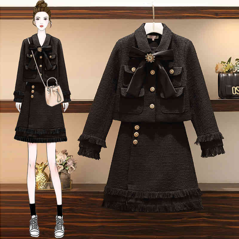 skirts L-4XL Plus Size Wool Tweed Suit Winter Women&#039;s Golden Buttons Diamonds Bowknot Short Jacket Coat+Tassels Mini Skirt Set