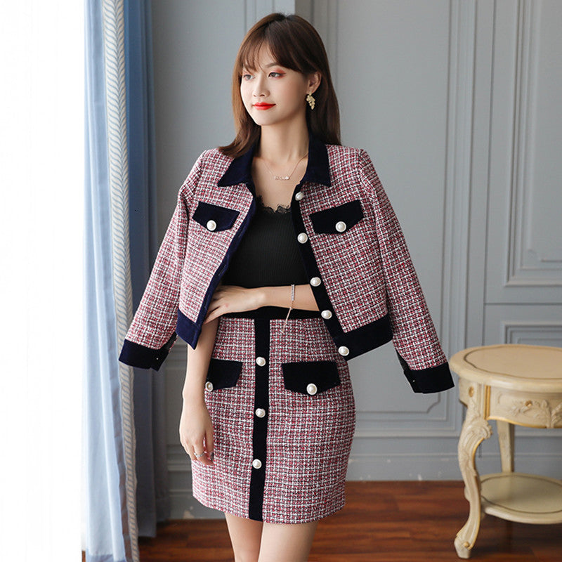 skirts Vintage Autumn Winter Plaid Button 2 Women Short Woolen Tweed Jacket Coat + Bodycon Mini Skirt Set Two Piece Outfits