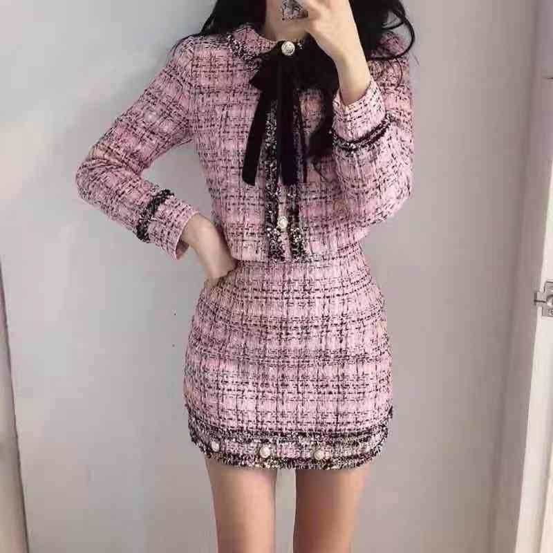 skirts Autumn Winter Tweed Wool 2 Piece Women Bowknot Plaid Set Female Fringed Trim Short Jacket Coat + Bodycon Skirt Suit
