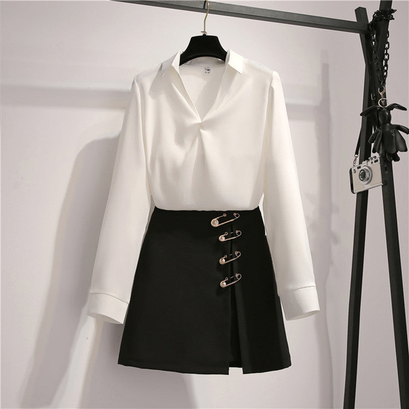 skirts Fashion Two Pieces Women Solid White Blouse Top + Gold Pin Split Black Mini Skirt Female Elegant 2PCS Clothing Set
