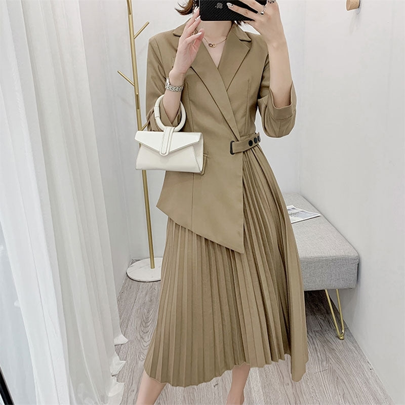 dresses Elegant Irregular Pleated Office Notched Blazer Women Solid 3-4 Sleeve Buckle Button Chic Autumn Spring Trend