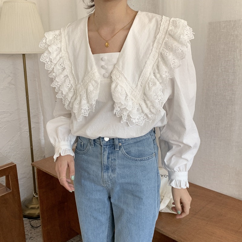 blouses Autumn White Chic Sweet Ruffles Patchwork Girls Loose High Quality Elegant Blouse Casual All-Match Shirt