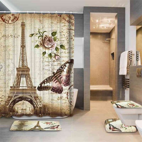 Eiffel Paris Landscape Print Bathroom Shower Curtain Set Waterproof Anti Slip Pedestal Rug Lid Toilet Cover Bath Mat Set 210402