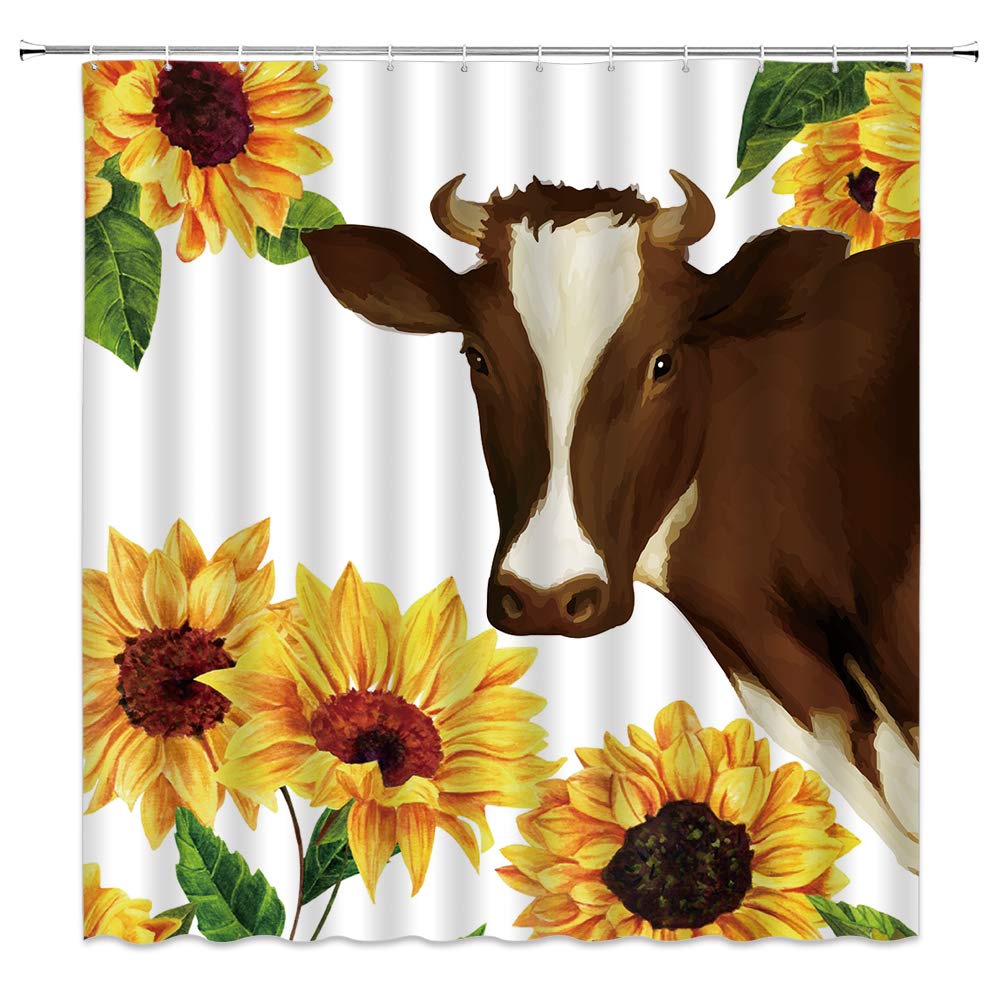 Sunflower Cow Shower Curtain Sweet Farm Cattle and Flowers Country Farmhouse Decor,Fabric Bathroom Set Hooks Included 70x70