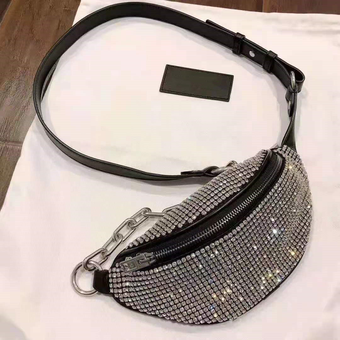 Women Attica Rhinestone Waist Bags Mini Fanny Pack Zip Compartment Designer Lady crystal glass Adjustable Bike Chain Strap Bag