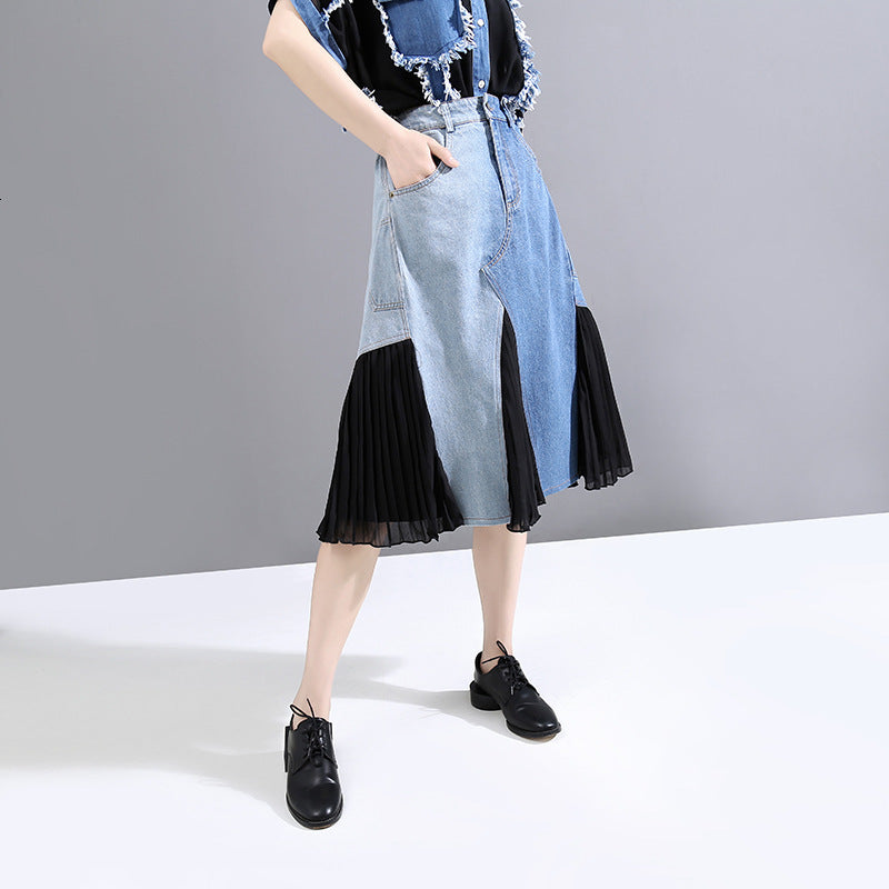 skirts Womens button front midi jeans high waist the Korean-style chiffon panel line skirt with mujer faldas pocket