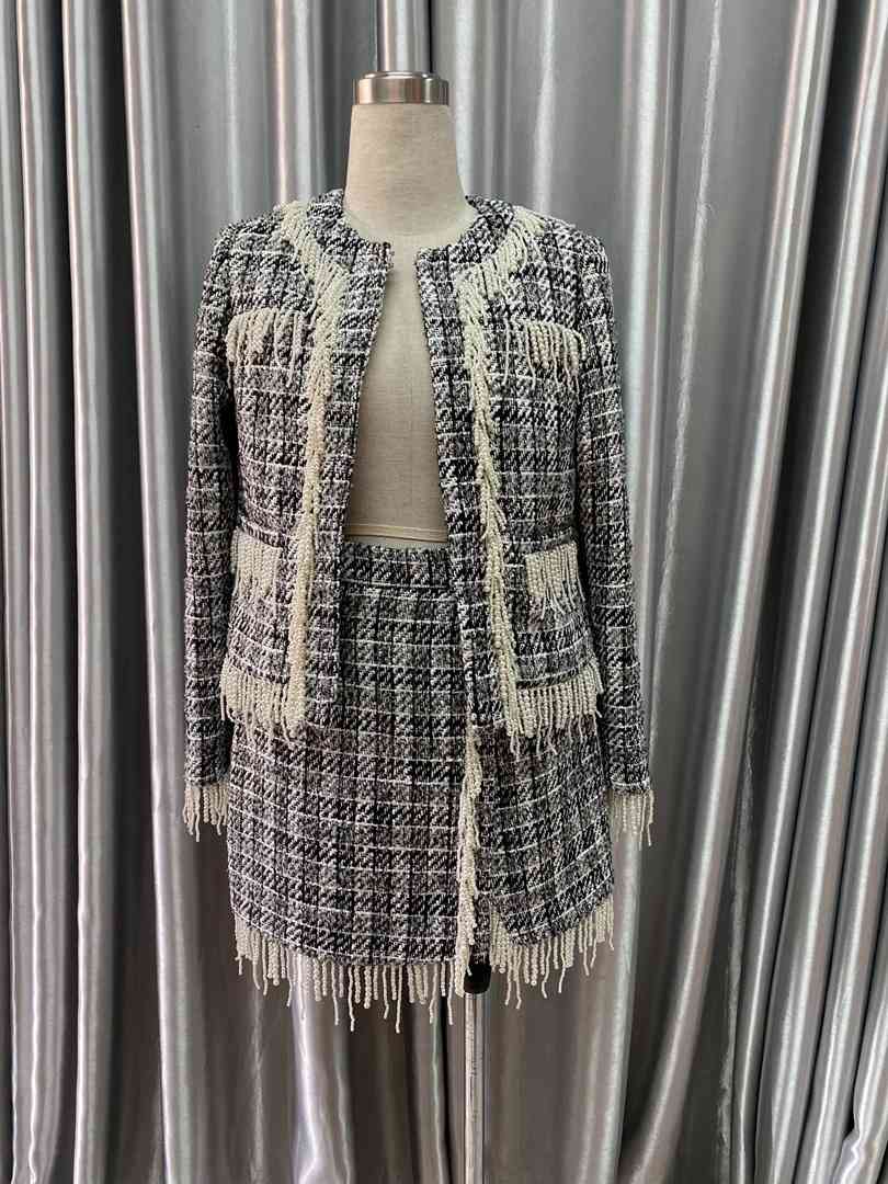 suits High Quality Women Long Sleeve Coat and A-line Skirts 2 Piece Sets Tassel