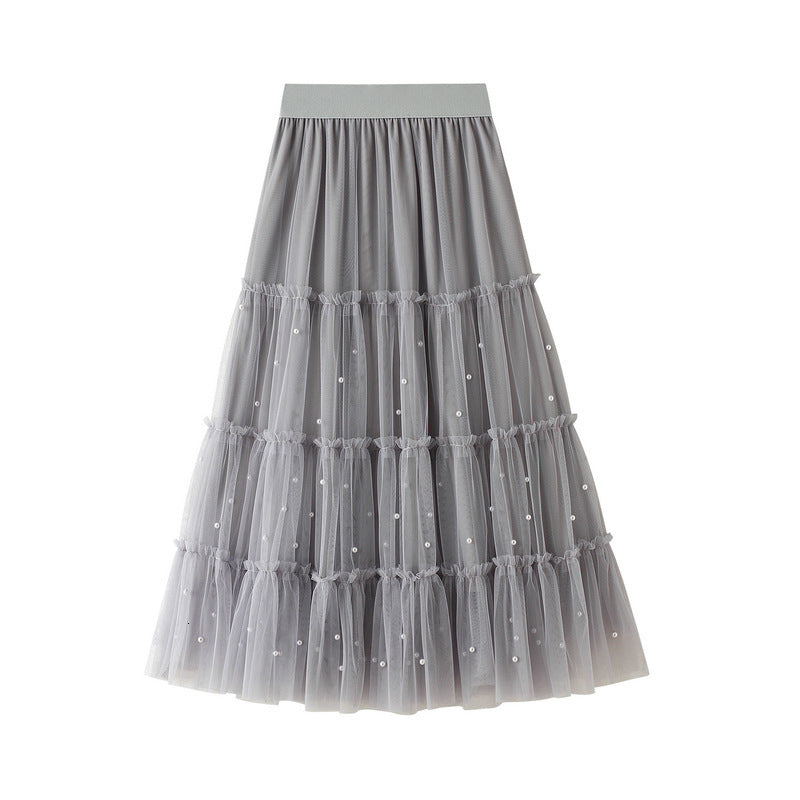 skirts Sweet Beading Cakee Layered y A-line Maxi Mesh Skirt Pearls Beaded Patchwork Boho Ankle Long Swing Tulle Skirts