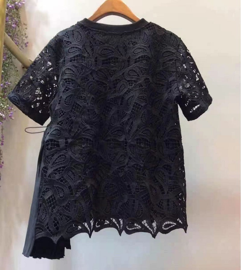 blouses High Quality Lace Blouse Summer Style Women O-Neck Pleated Ruffle Patchwork Short Sleeve Casual Black Vintage Tops Ladies