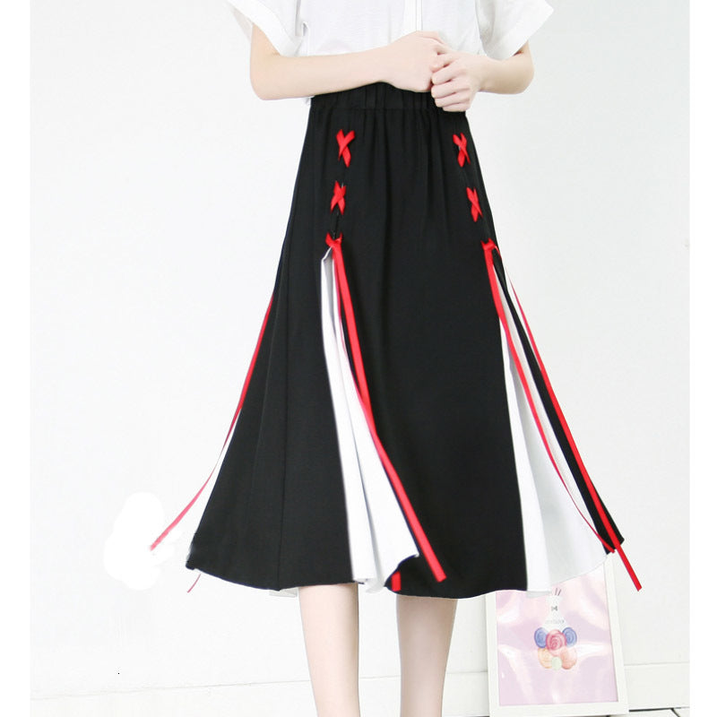 skirts Spring Lace-up A- line Chiffon Midi Split Strap Ribbons Black-White Patchwork Pleated Flared Below Knee Long Skirts