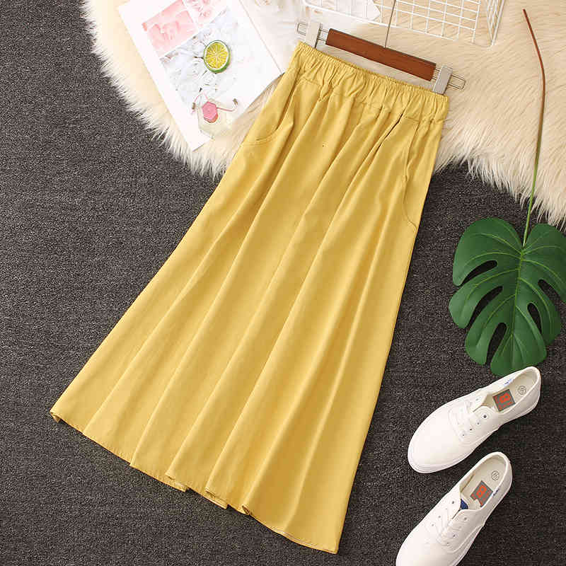 skirts Summer Cotton Maxi Korean-Style Pockets Solid A-line Pleated Long Skirts Blue Yellow Khaki 10 Colors