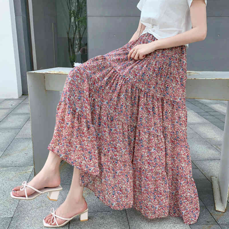skirts Summer Maxi Long Floral Printing A-line Korean Ankle Length Chiffon Skirts Purple Red