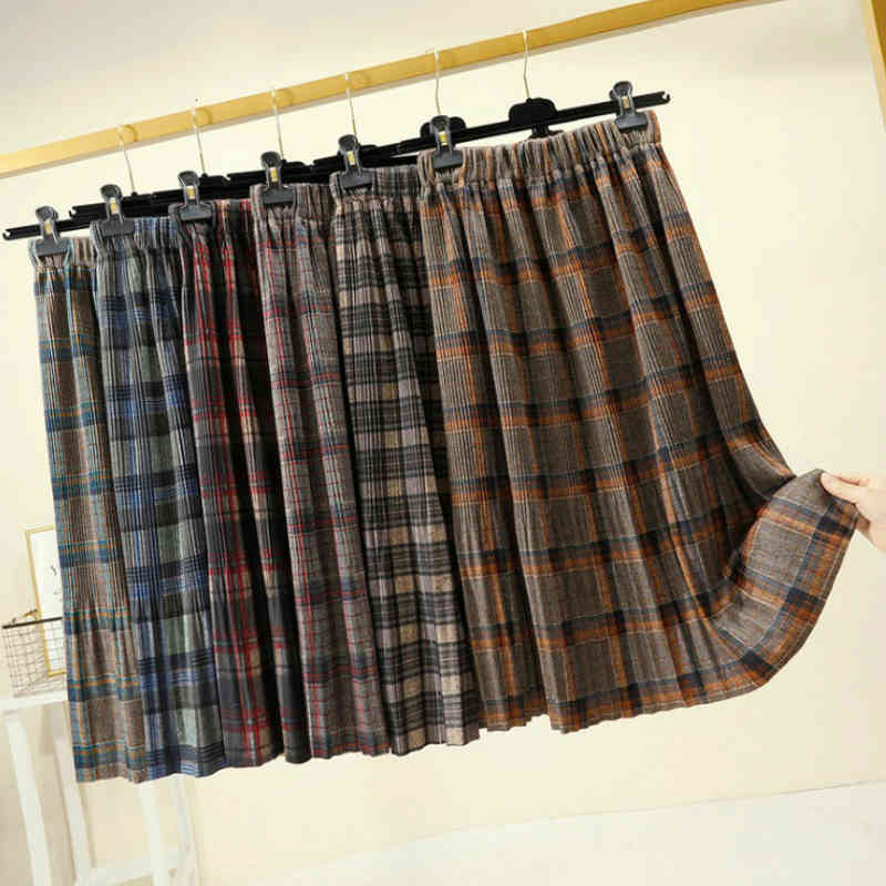 skirts Autumn Lattice Wool Blend Plaid Elastic Waist Yellow-Green Check A-line Pleated Mid-calf Long Skirts