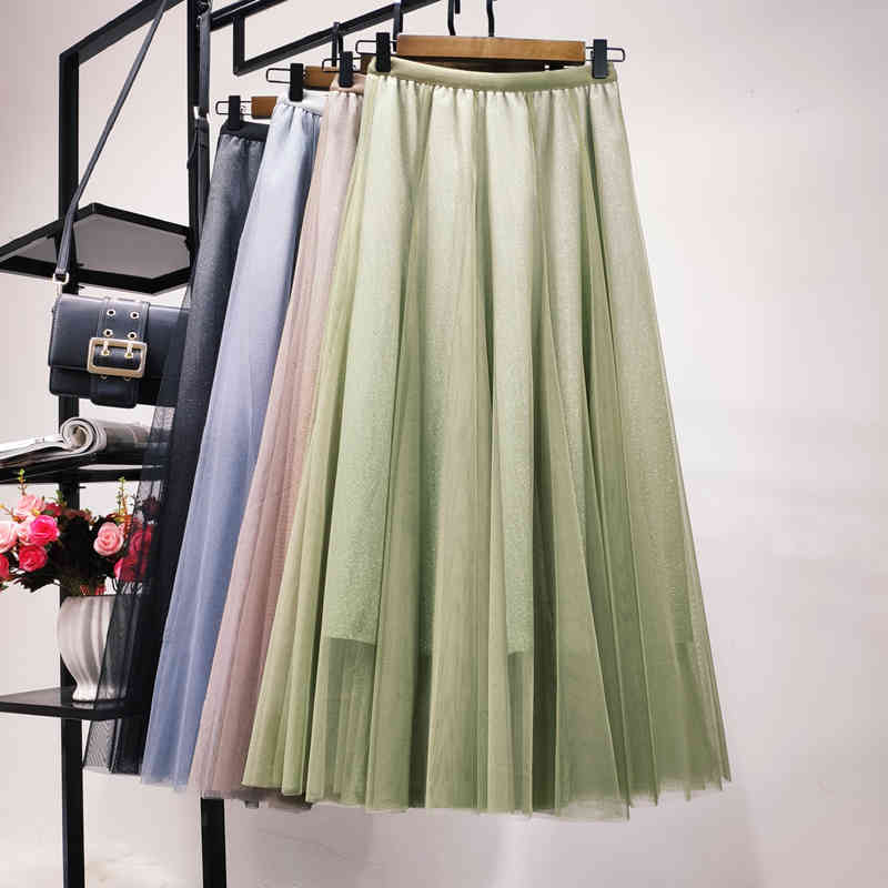 skirts Autumn Gradient Metallic Flared Maxi Elegant Shine Galaxy Drape Tulle A-line Long Skirts Green Brown