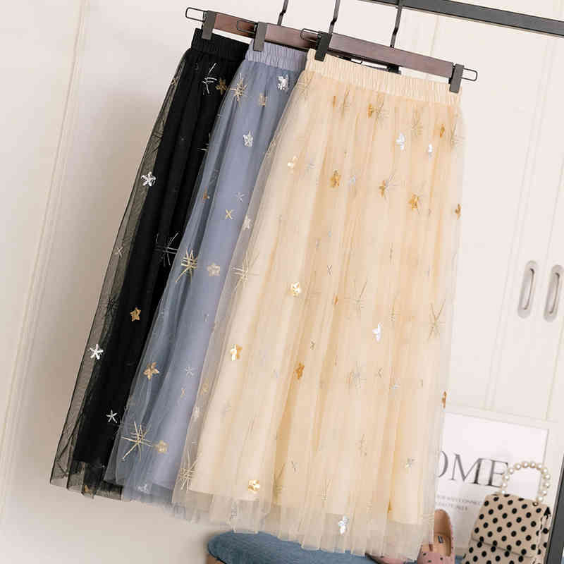 skirts Sequined Stars Embroidered Metallic Pleated Mesh Sequins Tulle Tutu Mid Calf Long Skirt Designer