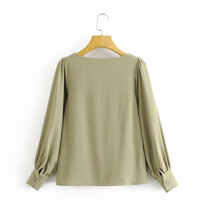 Women&#039;s Blouses Shirts Clothing Early Autumn Small Bean Green button-down square-necked long-sleeved shirt fresh girl