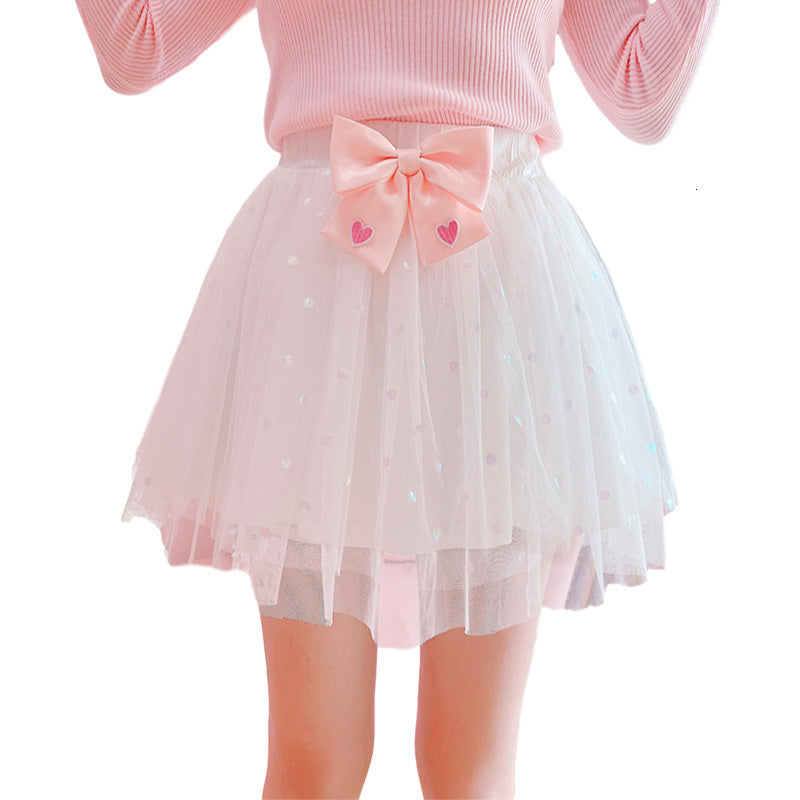 Korean Fashion Autumn Tulle Mini Women Kawaii Bow High Waist Mesh White Pleated Tutu Skirt Lolita Cute School Girl Skirts