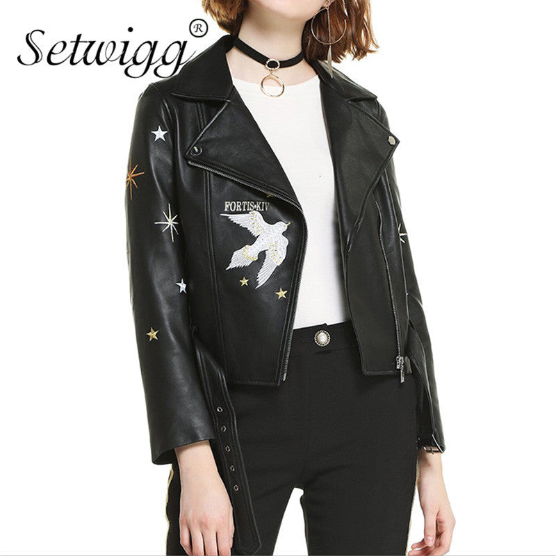 leather Autumn Embroidery PU Black Coat Women Bird Stars Embroidered Slim Faux Leather Motorcycle Jacket Belt Outerwear