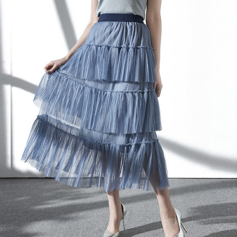 skirts Spring Summer Candy Cakee Layered Maxi Tulle Skirt Women Sweet A-line Tiered Pleated Long Mesh Skirts Blue Pink Ivory