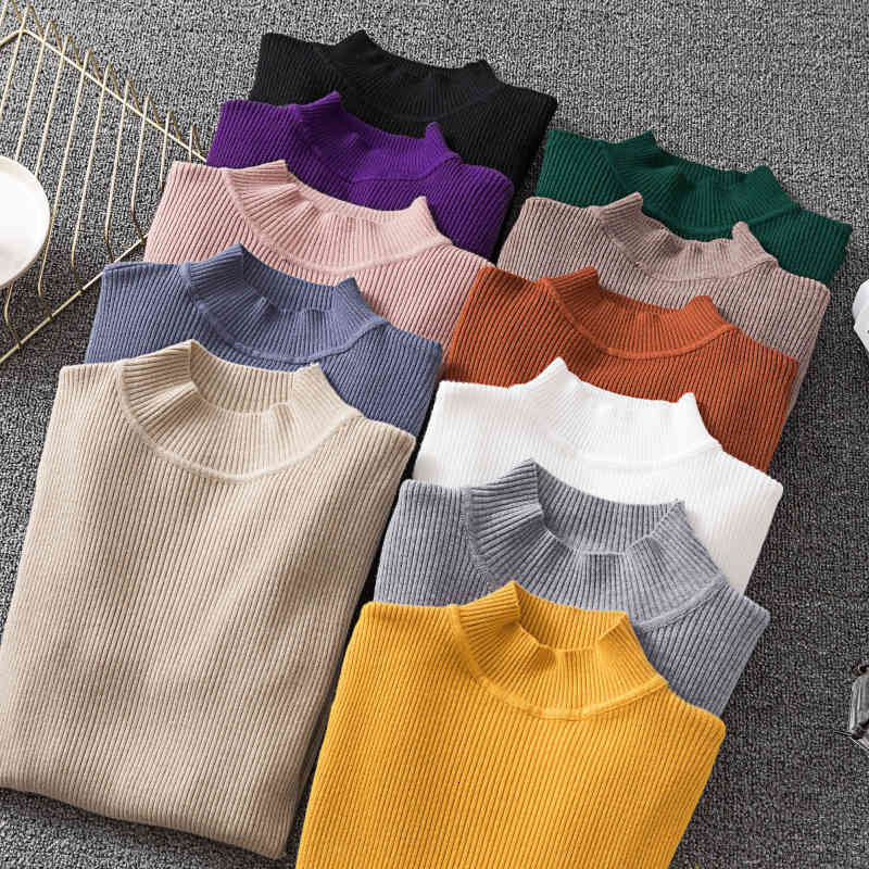 sweaters Womens Autumn Semi-high Neck Solid Basic Knitted Candy Pullover Female Slim Stretch Rib Knit Top & Jumpers Mustard