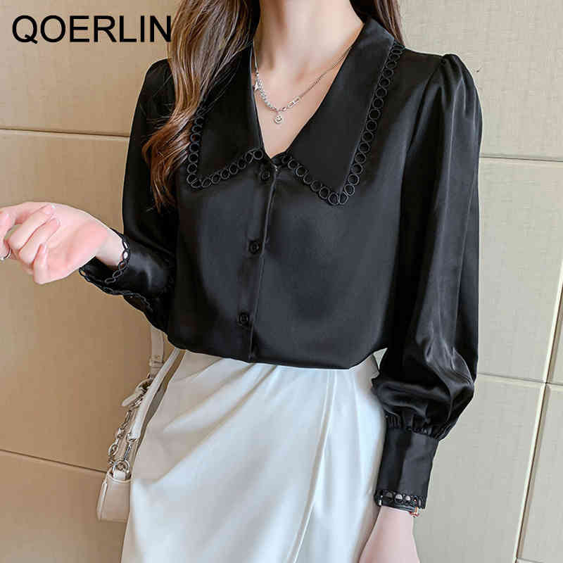 blouses Formal White Chiffon Big Lantern Shirt Top Hollow Single-Breasted Full Sleeve Elegant Office Ladies Blouse