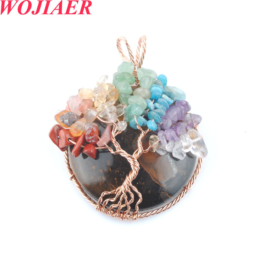 WOJIAER Natural Cabochon Stone Tigers Eye Tree of Life Pendant Rose Gold Wire Wrap 7 Chakra Chip Bead Women Necklace O9020