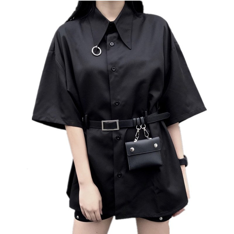 Summer Korean Fashion Blake Shirts Women Japanese Harajuku Gothic Style Button Ladies Tops Girl Blouses Oversized Punk Clothes