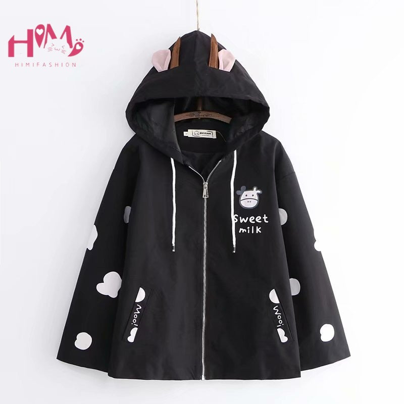 Japanese Kawaii Spring Thin Jacket Women Teens Soft Girl Cow Print Outerwear Female Clothes Cute Ear Zipper White Coats Black