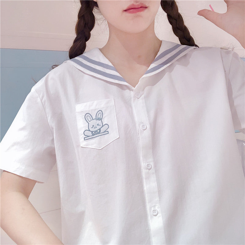 Summer Cute White Shirts Vintage Soft Girl Sailor Collar Rabbit School Uniform Blouses Women Harajuku Kawaii Bunny Tops
