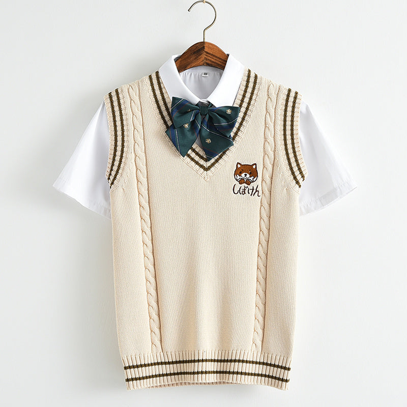 Japanese Kawaii Knitted Sweater Women Pull Vintage Teen Girl School Uniform Vest Cute Cartoon Bear Embroidery Sleeveless Jumper