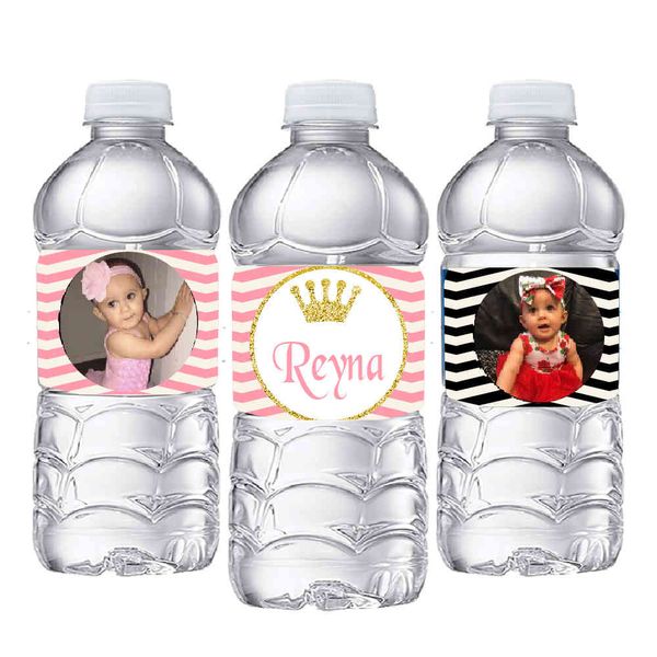 20pcs Custom Gold Glitter Crown Photo Water Bottle Labels Candy Bar Wrapper Sticker Baby Shower Birthday Party Decoration Supply 210408