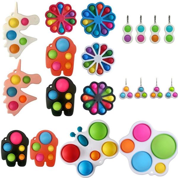Rainbow Unicorn Butterfly Flower Shape Push Fidget Bubble Toys Sensory Simple Key Ring Finger Toy Keychain Squeeze Spinner Ball