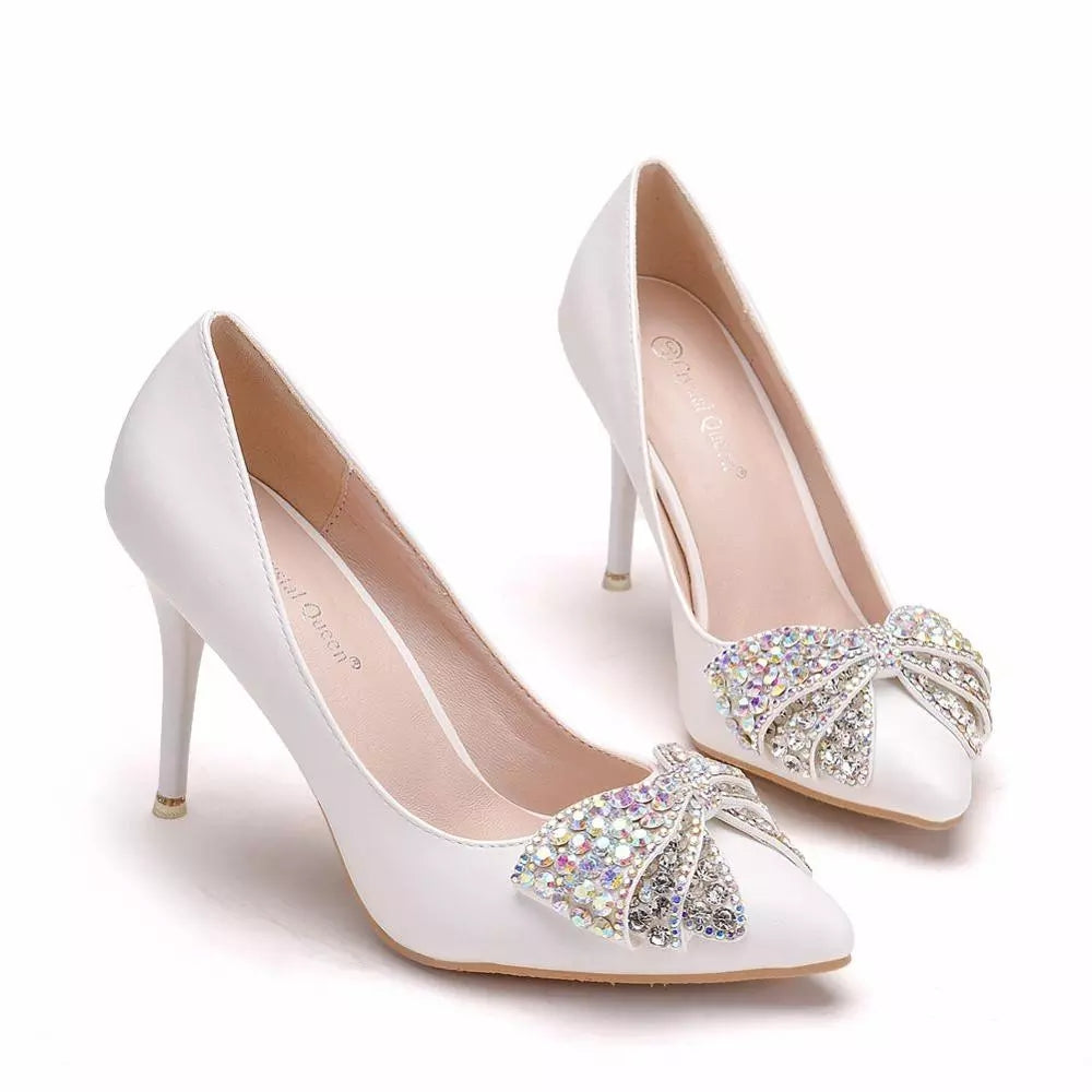 2021 Women Wedding Shoes Female Drill Rhinestone Crystal Bow Stiletto Pointed Bridal Pumps 1