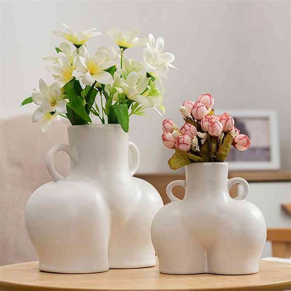 Desktop Plant Container Human Body Abstract Hip Shaped Ceramic Vase Art Decorative Flower Pot Side Ring Handle Living Room, Study, Bedroom D
