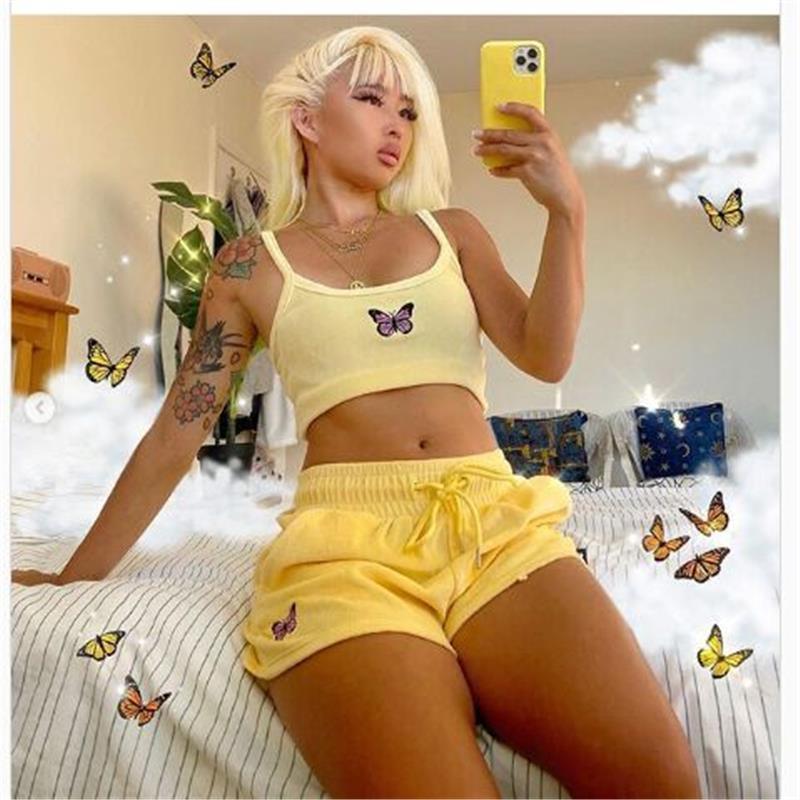 Womens Sleepwears Fufucaillm Butterfly Cropped Top High Waist Shorts 2Pcs Set Lace Up Running Elastic Sports Outfits Pajama Sets