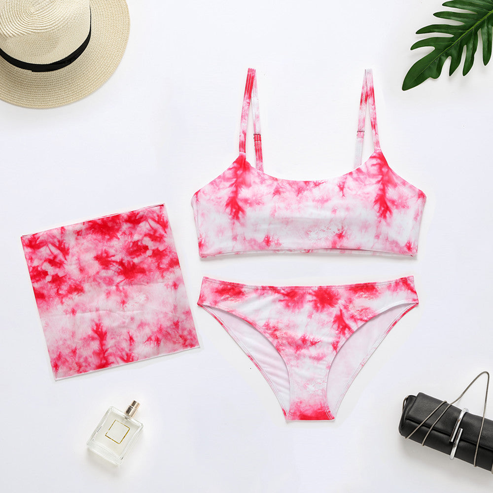 Tie dye bikini 2021 Skirted swimsuit women High cut 3 piece halter swimwear female Triangle bathing suit Backless