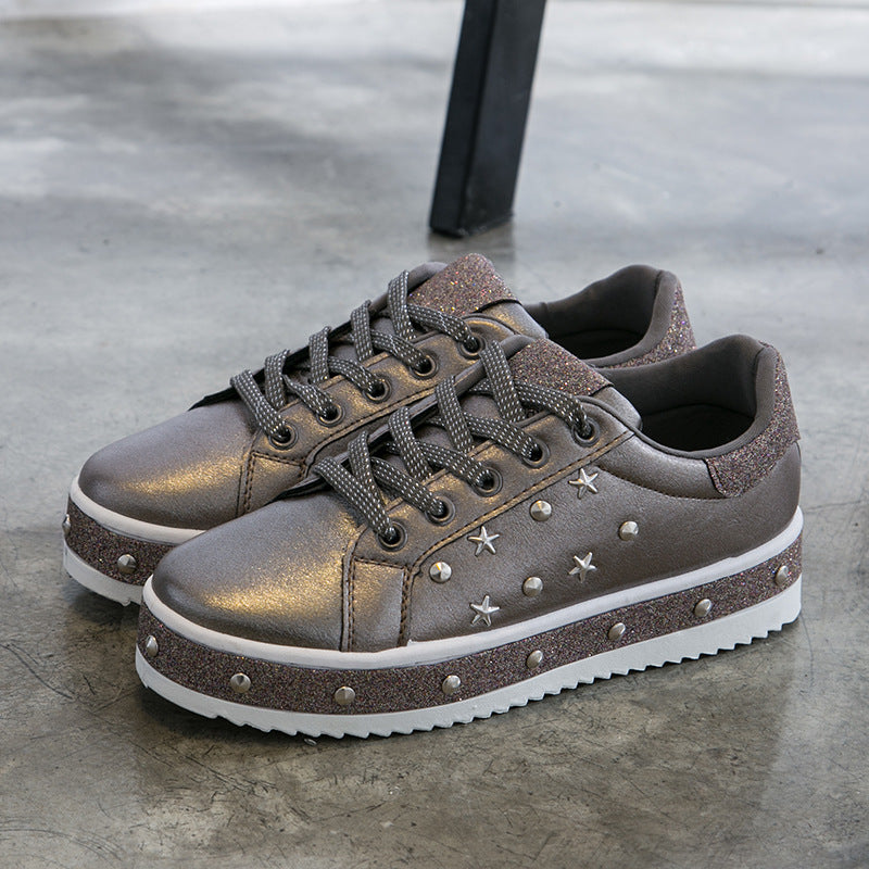 Spring and autumn Pu women&#039;s casual shoes star Decal black flat shoes walking sports style lace up sandshoe