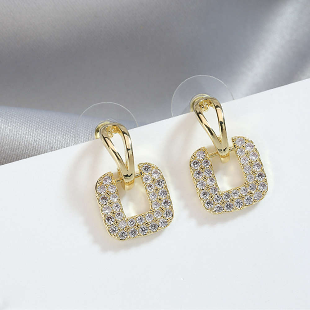 S925 silver needle Korean version simple temperament trend versatile full drill New Square geometric Earrings for women