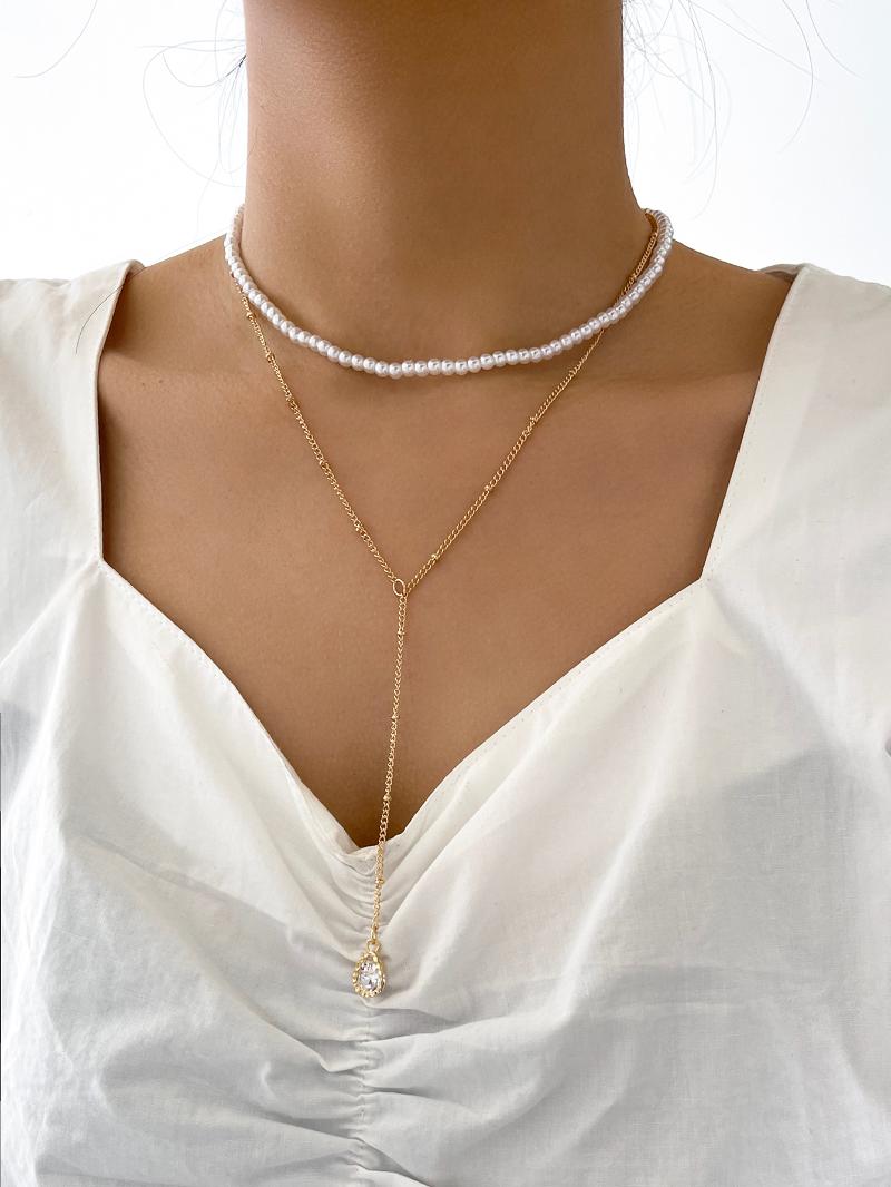 Pendant Necklaces Stillgirl Double Layer Vintage Pearl Gold Chain Necklace For Women Kpop Crystal Drop Female Boho Fashion Choker Jewelry