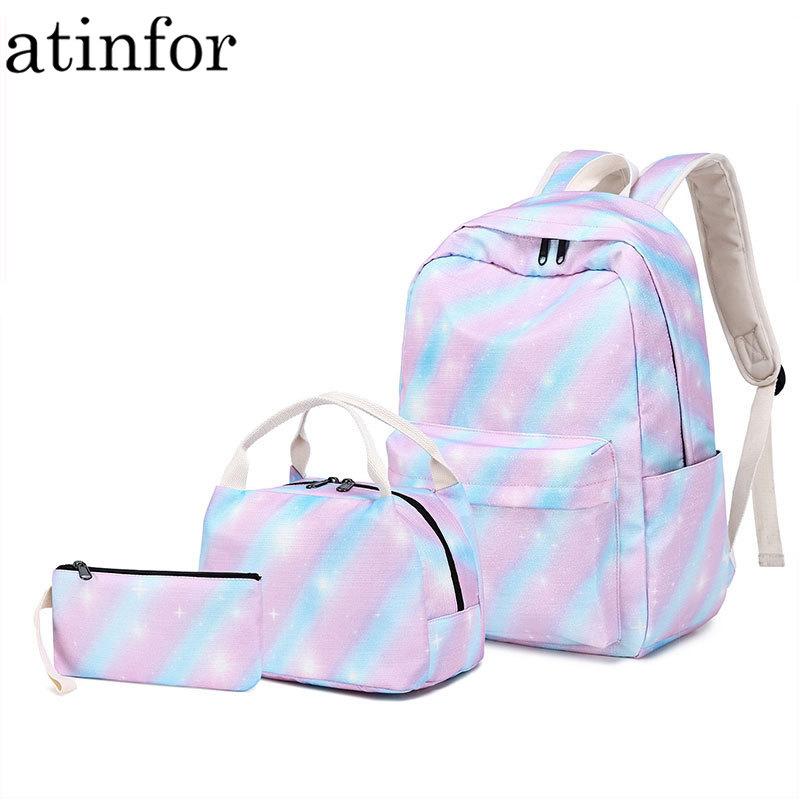 School Bags Atinfor Brand Women Pink Set Backpack Female Laptop Stripe Knapsack Cute Bag For Teenagers With Lunch Box