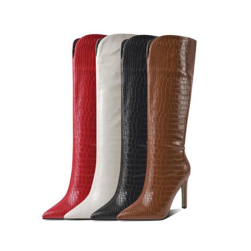 Boots Crocodile Grain Fashion Women 2021 Spring Autumn Thin Heels Pointed Toe Knee High Sleeve Solid Botines Mujer