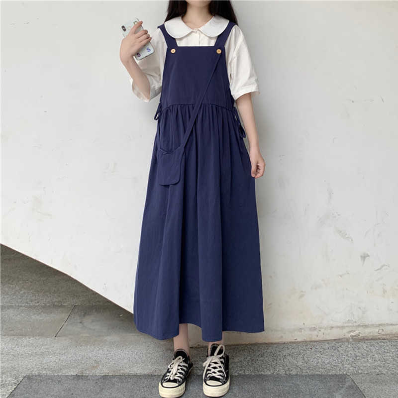 Skirts Kawaii Teenage School Girl Skirt Women Summer Casual Loose Sun With Sling Bag Cute High Waist Long Midi Suspender 3C02