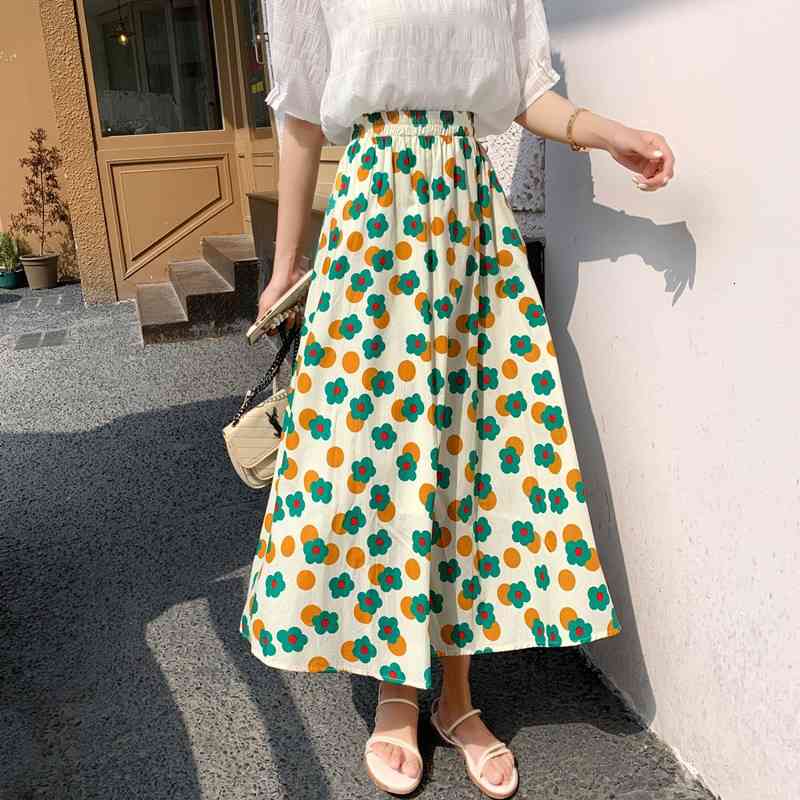 Skirts Spring Summer Women Long Midi Floral Skirt Korean Style Cotton Blended Elastic High Waist A-Line Print Mori Girl Cute rok U