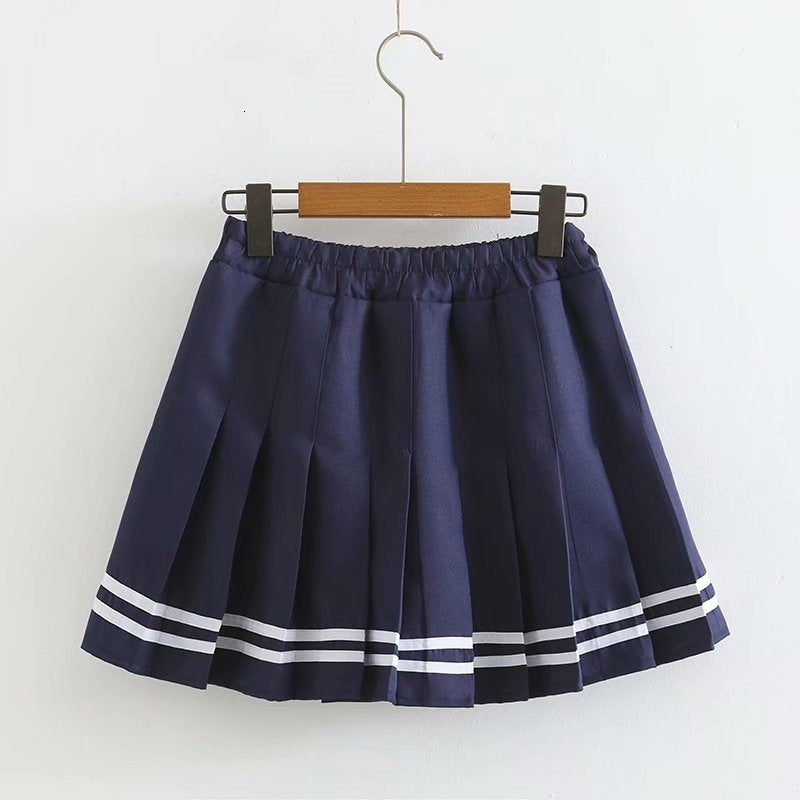 Skirts Cute Japanese School Girl Skirt Women Spring Autumn Elastic High Waist Stripes Stitch Navy Blue Mini Pleated jupe plisse 6L
