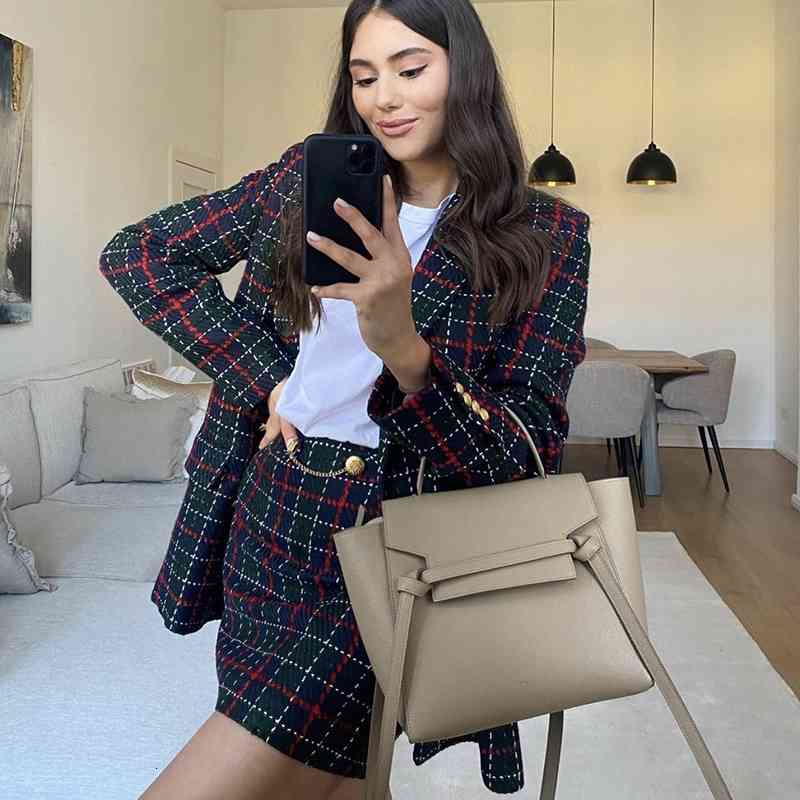Two Piece Dress Tweed Women Patchwork Plaid Suits 2021 Spring-Autumn Vintage Ladies Knitted Mini Skirts Fashion Female Chic Blazer